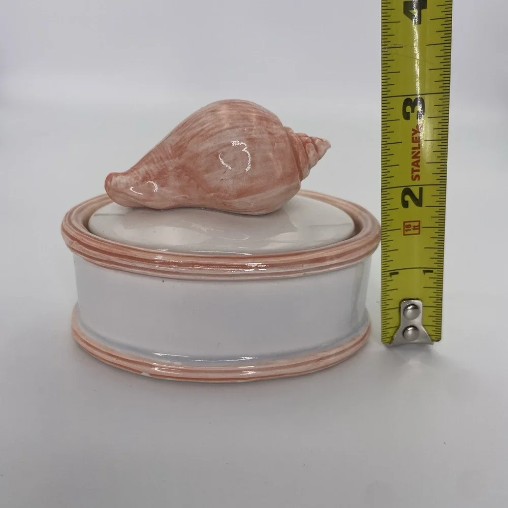 Vintage Ceramic Seashell Trinket Box Oval Coastal Grandma Decor Peach White